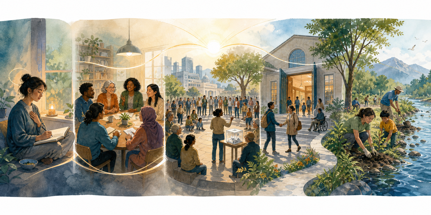 Illustration of five connected scenes: personal reflection, social dialogue, civic participation, supportive institutions, and ecological stewardship.